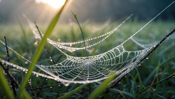 Spiderweb Covered with Dew Drops in a Grassy Field at Dawn photo