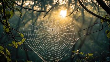 Spiderweb in Forest with Sun Shining Creating a Misty Landscape photo