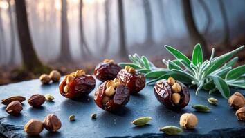 Dates Filled with Nuts on Dark Board with Forest Background photo