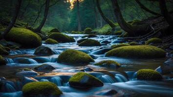 Flowing River Through Forest with Mossy Rocks Serene Nature Scene photo