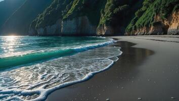 Ocean Wave Crashing on Sandy Beach with Cliffs and Lush Vegetation photo