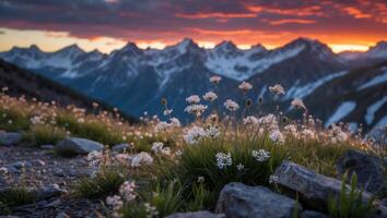 Wildflowers in Mountain Meadow at Sunset with Snowy Peaks Backdrop photo