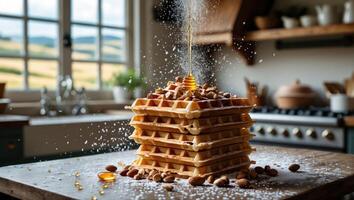 Stack of Waffles with Almonds and Syrup Being Poured on Top photo