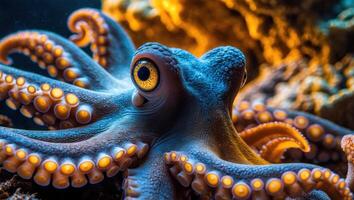 Octopus Observing Underwater with Colorful and Textured Tentacles Close Up photo