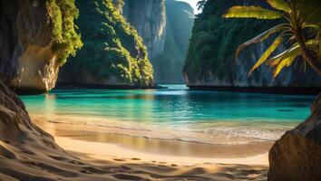 Turquoise Water Lapping on Sandy Beach Between Rocky Cliffs and Jungle photo