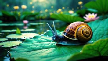 Snail Resting on Lily Pad with Water and Flowers in Background photo