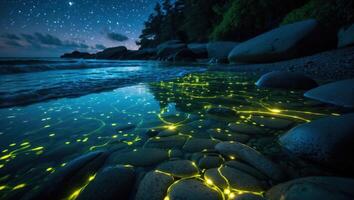 Glowing Beach at Night with Bioluminescent Water and Starry Sky photo