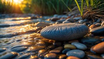 Engraved Stone Resting Near Flowing Stream at Golden Hour Light photo