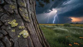 Lightning Strikes Over Flower Field Viewed From Behind Textured Tree photo