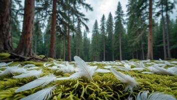 Feathers Scattered on Forest Floor with Moss and Tall Trees photo