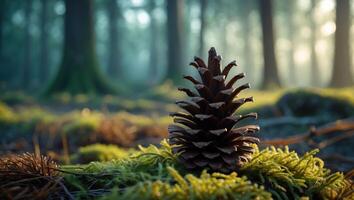 Pinecone Sitting on Forest Floor with Light Coming Through Trees photo