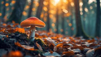 Red Mushroom Growing in Autumn Forest with Sunlight Filtering Through photo