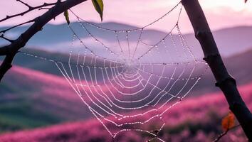 Spiderweb with Dew Drops on Branches with Blurred Lavender Background photo