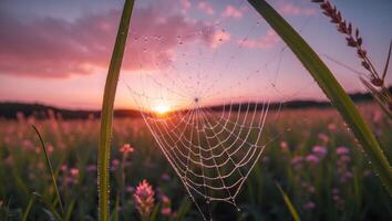 Spiderweb on Grass at Sunset with Dew Drops in Field photo