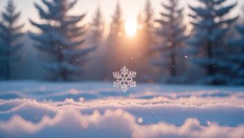 Snowflake Falling in a Winter Forest at Sunrise with Fresh Snow photo