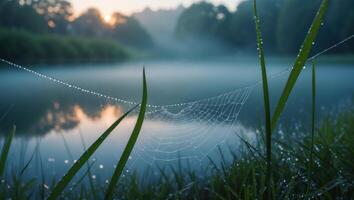 Spiderweb Covered in Dew on Grassy Shore of a Misty Lake photo