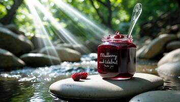 Jar of Mulberry Jam by River in Forest with Spoon photo