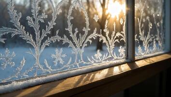 Frosty Window with Intricate Ice Patterns and Sunlight on Winter Day photo