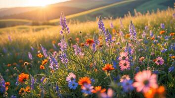 Wildflower Meadow at Sunset with Rolling Hills and Warm Sunlight photo