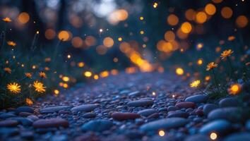 Stony Pathway with Small Flowers and Bokeh Lights in a Forest photo