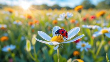 Ladybug on White Flower in Sunny Meadow with Bokeh Background photo