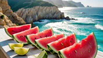 Watermelon Slices with Lime at Coastal View for Summer Refreshment photo