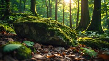 Moss Covered Rock in Forest with Sunlight Streaming Through Trees photo
