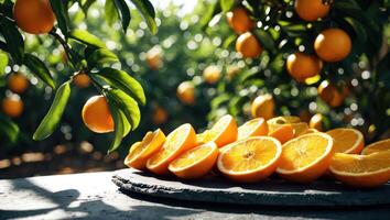Sliced Oranges on Slate Tray Underneath Orange Tree with Bokeh photo