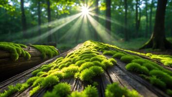 Moss Covered Log in Forest with Sunlight Streaming Through Trees photo