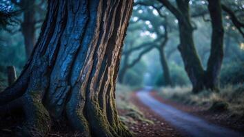 Tree Trunk by Path in Forest with Foggy Atmosphere photo