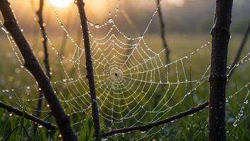 Dew Covered Spiderweb Hanging Between Branches at Early Sunrise photo