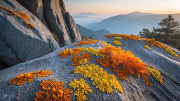 Rock Outcrop with Colorful Lichen Overlooking Distant Mountain Range Scenery photo