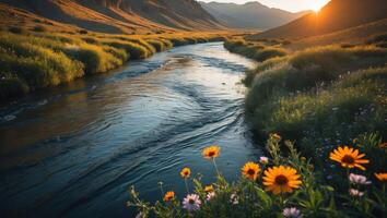 River Flowing Through Meadow with Mountains and Sunset Scenery photo