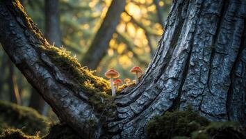 Mushrooms on Tree Branch Glowing in Sunlight Forest Scenic View photo