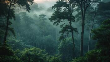 Exploring a Foggy Forest with Giant Spiderweb and Green Trees photo