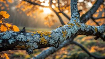 Tree Branch Covered with Lichen with Autumn Leaves and Sunlight photo