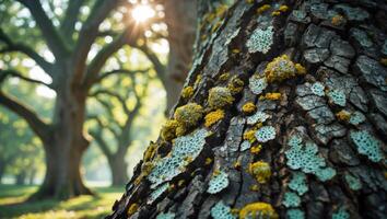 Tree Bark Close Up with Moss and Sunlight in Green Forest photo
