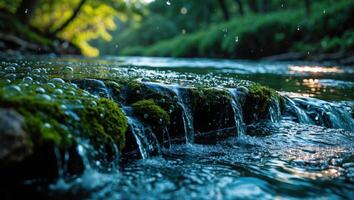 Flowing Water Stream with Mossy Rocks in a Lush Green Forest photo