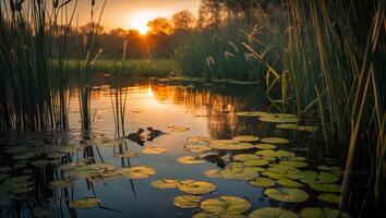 Calm Pond Reflects Sunset with Lily Pads and Green Reeds photo