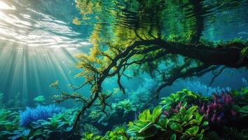 Underwater Tree and Plant Life with Sunlight Rays Streaming Through photo