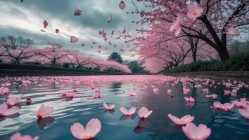 Flowering Cherry Trees with Petals Falling Onto Tranquil Water Surface photo