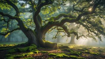 Majestic Tree in Foggy Forest with Moss and Sunlight Shining Through photo