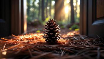 Pine Cone Resting on Pine Needles in Forest Setting with Sunlight photo