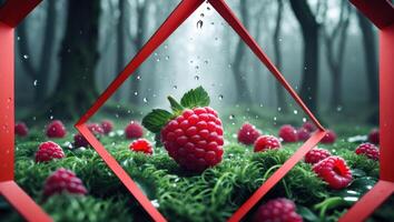 Raspberry on Moss in Forest Frame with Raindrops Scenic View photo