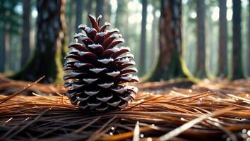 Pine Cone Resting on Needles in a Forest with Sunlight photo