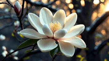 Blooming White Flower with Bud Against Blurred Background in Natural Light photo