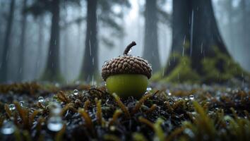 Acorn Resting on Moss in Forest with Raindrops Beautiful Macro photo