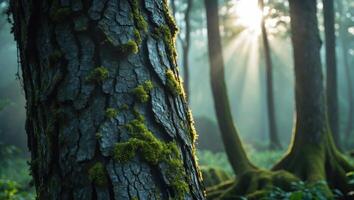 Tree Trunk Covered in Moss with Sunlight Streaming Through Forest photo