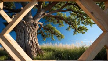 Viewing Old Tree Through Wooden Lattice on a Summer Day photo