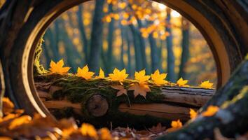 Maple Leaves on Mossy Log with Forest View Through Circular Frame photo